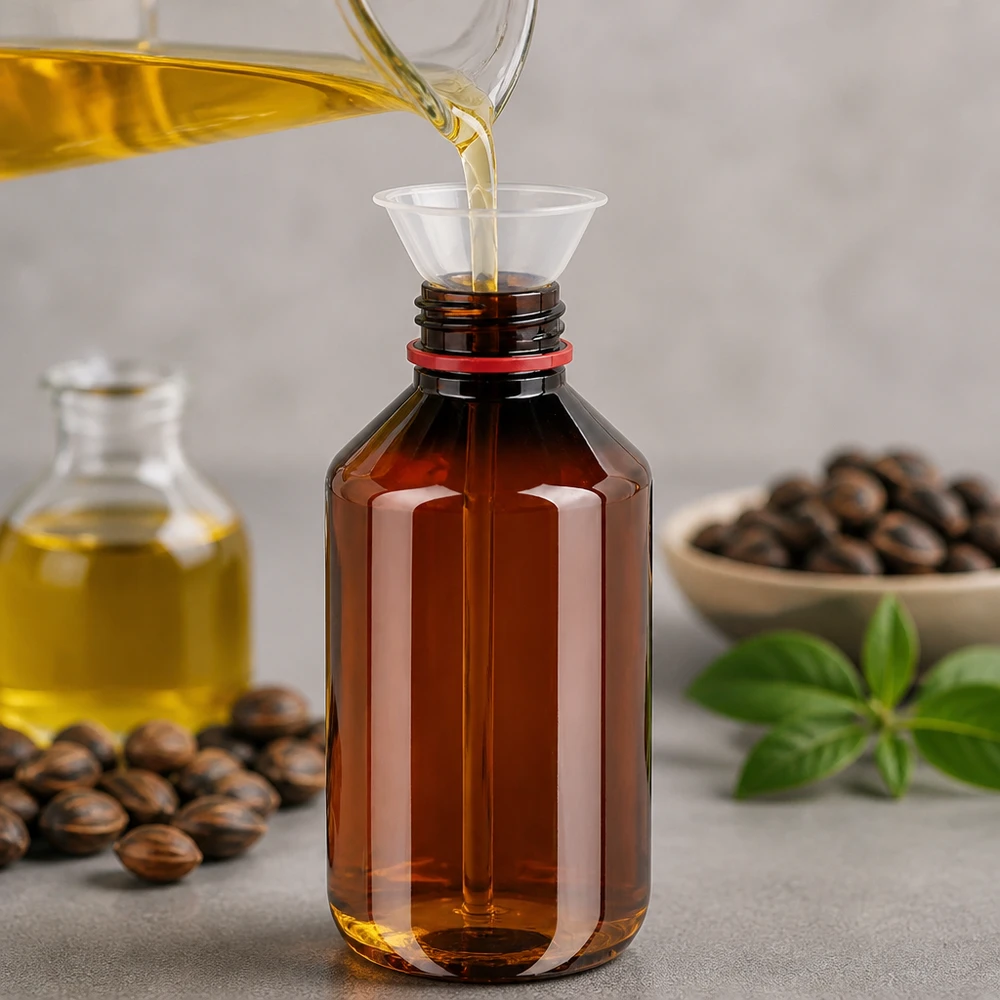 Kleine voorraadfles van 200 ml, gemaakt van bruin PET, met verzegelde dop voor olietoepassingen