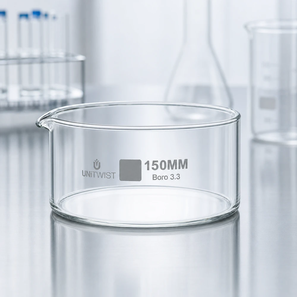 Cilindrische laboratoriumschaal, diameter 150 mm, UNiTWIST, transparant borosilicaatglas, met uitgietmond