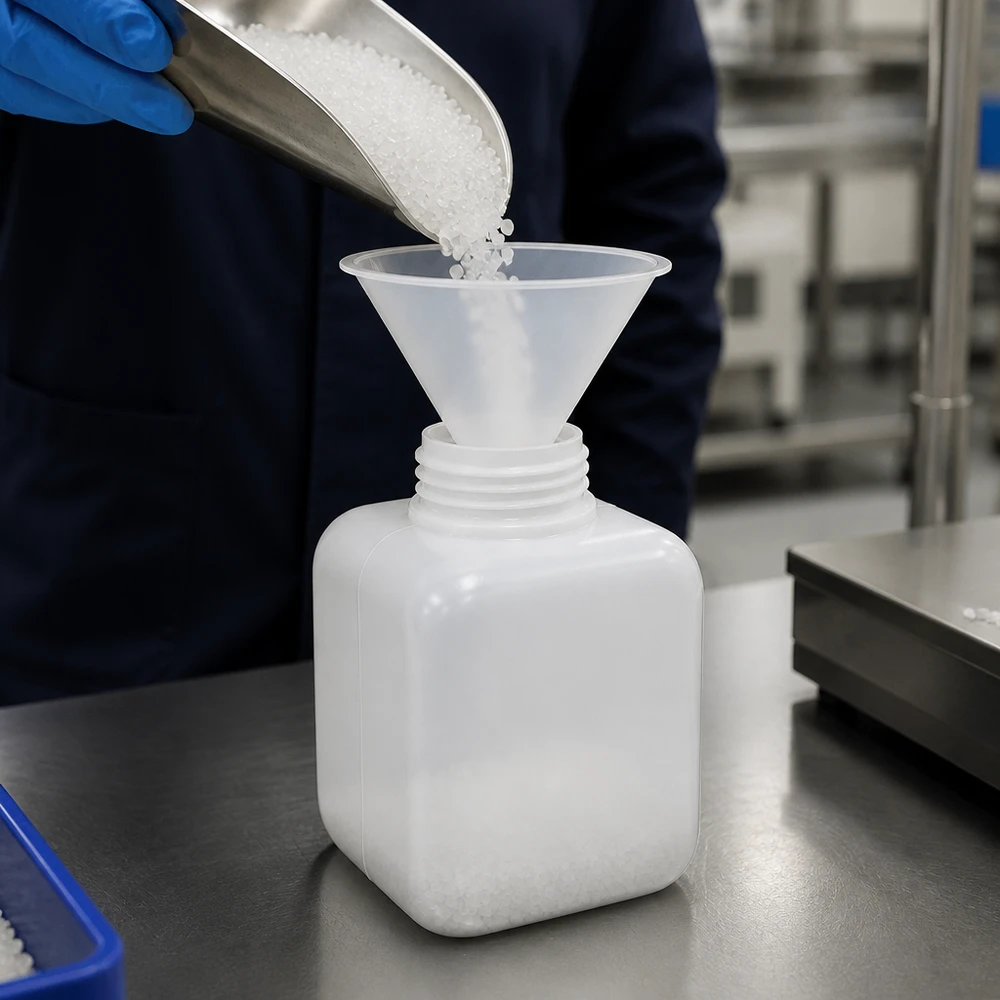 PE-HD-fles voor chemicaliën, 250 ml, brede hals, doorschijnend, voor het afvullen van vaste stoffen, laboratoriumgebruik, veiligheidshandschoenen