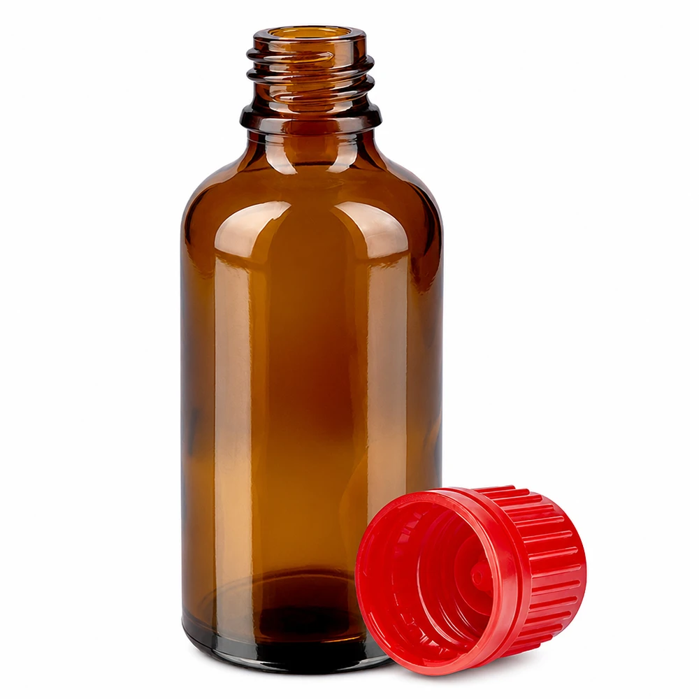 50ml druppelfles amber glas met rode OV dop voor farmaceutische toepassingen