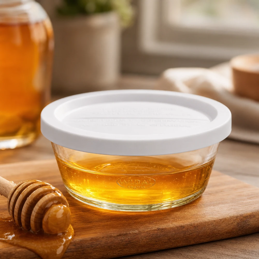 WECK RR120 gourmetpot 300ml gevuld met honing op een houten plank met honinglepel als gebruiksvoorbeeld