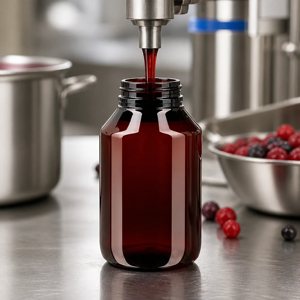 PET fles 50ml met ontgassingsdop rood Rode PET-fles van 50 ml met veiligheidsdop naast verse bessen op een roestvrijstalen oppervlak
