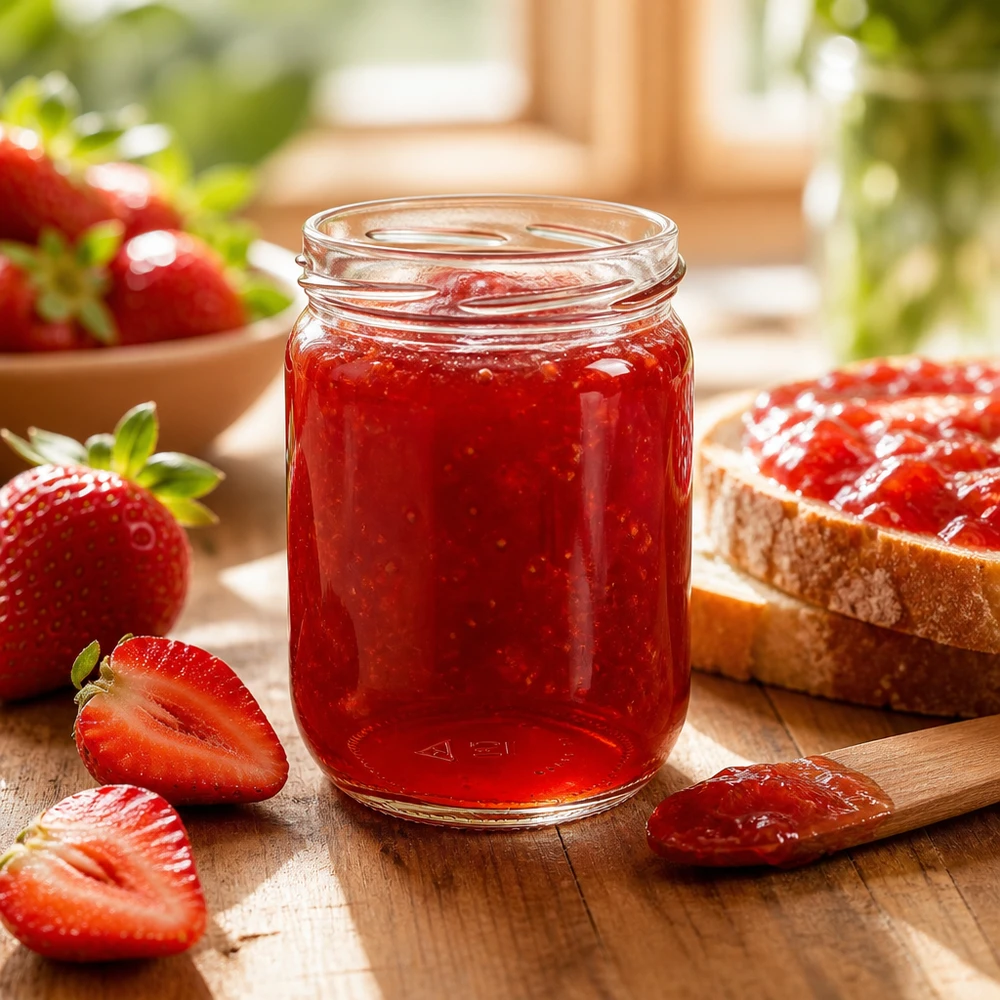Inmaakpot 555 ml TO82 met aardbeienjam op een rustieke houten tafel – ontbijtscène