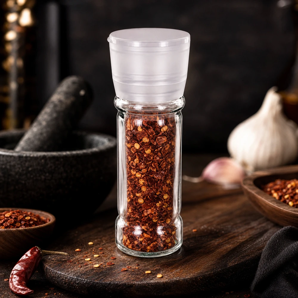 Kruidenmolen van 100 ml van borosilicaatglas met een witte molenhandgreep voor chilivlokken en peperkorrels