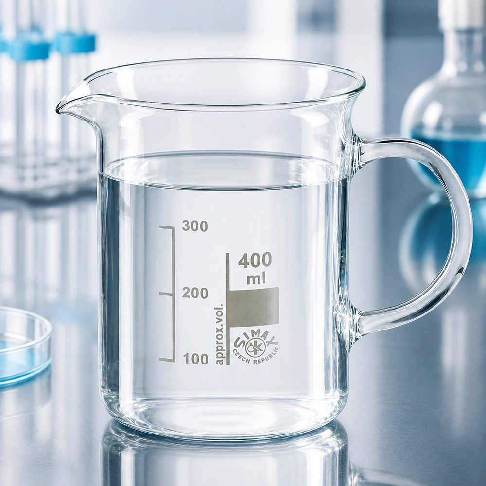 Cilindrisch bekerglas van 400 ml, van borosilicaatglas, met handvat en schenktuit, voor laboratoriumgebruik