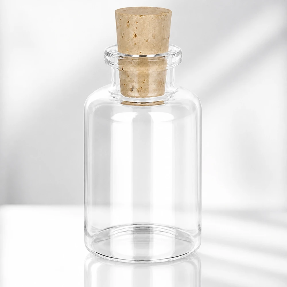 Injectiefles helder glas 30ml met kurk 11/14mm Glasflasche mit breitem Korpus 30ml und konischem Korken 11/14mm aus natürlichem Material