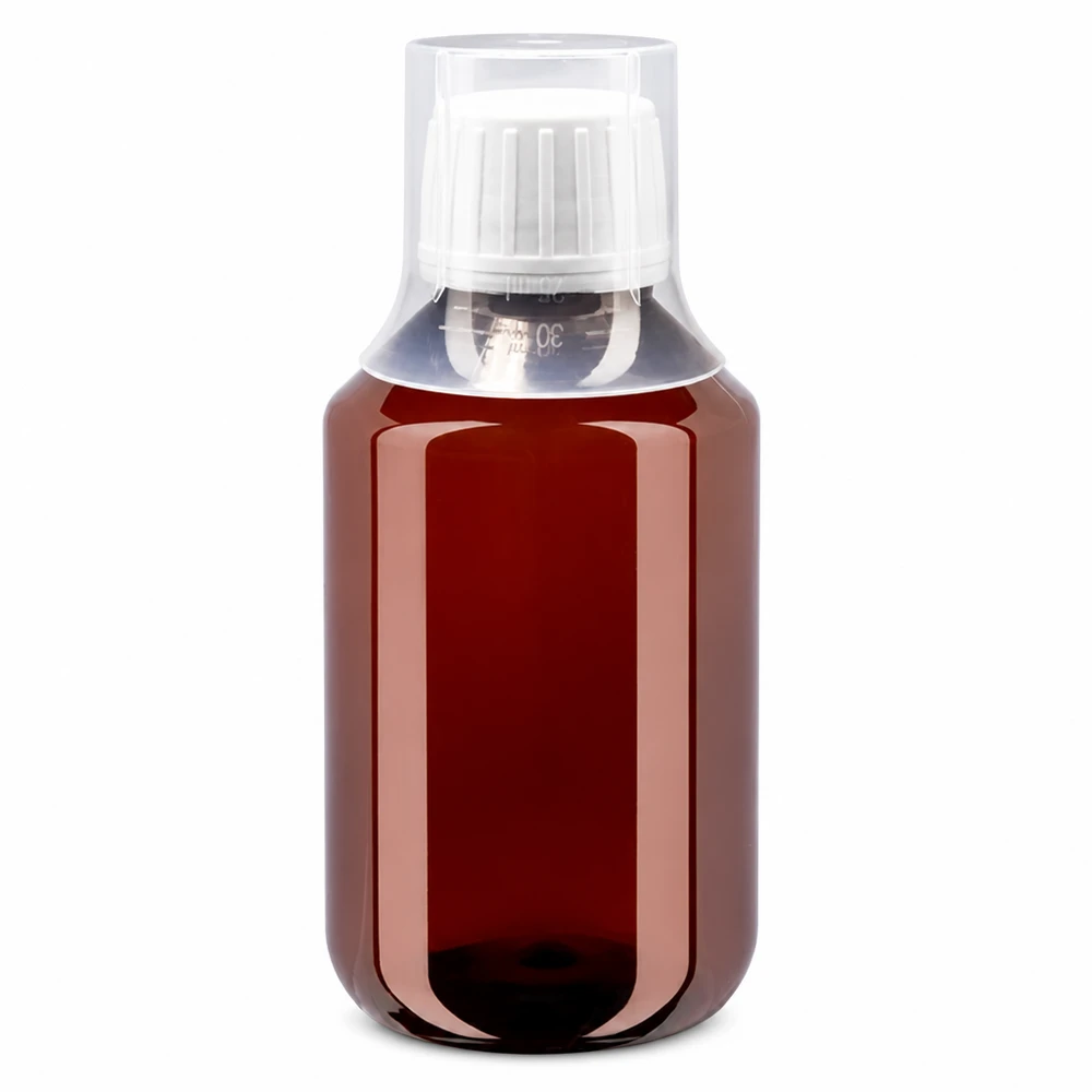 100ml PET medicijnfles - schroefsluiting VR wit - doseerbeker 30ml blank PET Rundflasche 100ml in Braun mit weißem Drehverschluss Originalitätssicherung und Becher