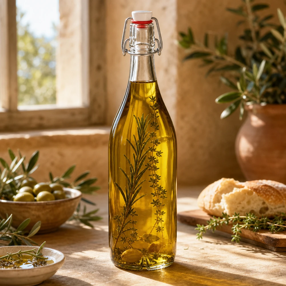 1000ml glazen fles met draaidop gevuld met olijfolie en kruiden Mediterrane keuken Lifestyle toepassing