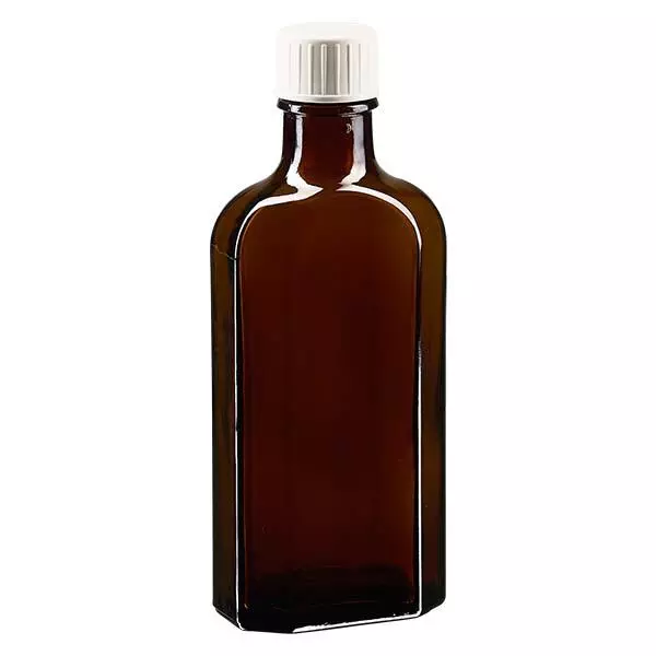 125 ml bruine meplatfles met DIN 22 monding, inclusief schroefsluiting DIN 22 wit met gietring