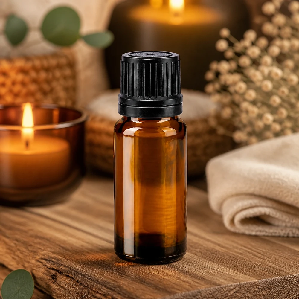 Bruine glazen fles 10ml met zwart druppelsluiting 1mm VR Compacte OV-druppelfles van 10 ml, gemaakt van apothekersglas, omringd door kaarsen en gedroogde bloemen