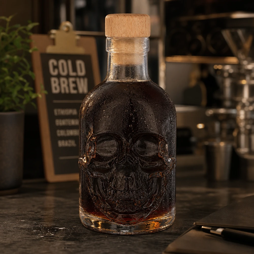 Schedel glazen fles Jack 200ml met sterke drank in een café sfeer, cold brew bord op de achtergrond