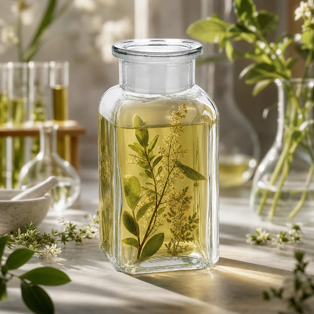 Apothekersflesje van 100 ml, helder, vierkant, gevuld met botanische ingrediënten op een lichte achtergrond