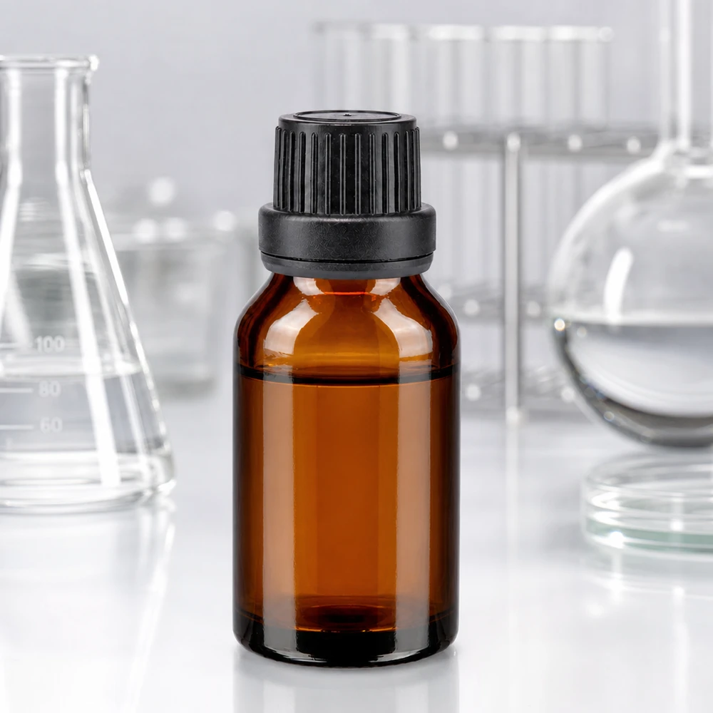 Bruine glazen fles 15ml met zwart druppelsluiting 2mm VR Bruinglasflesje van 15 ml met zwarte druppeldop van 2 mm voor lichtgevoelige stoffen