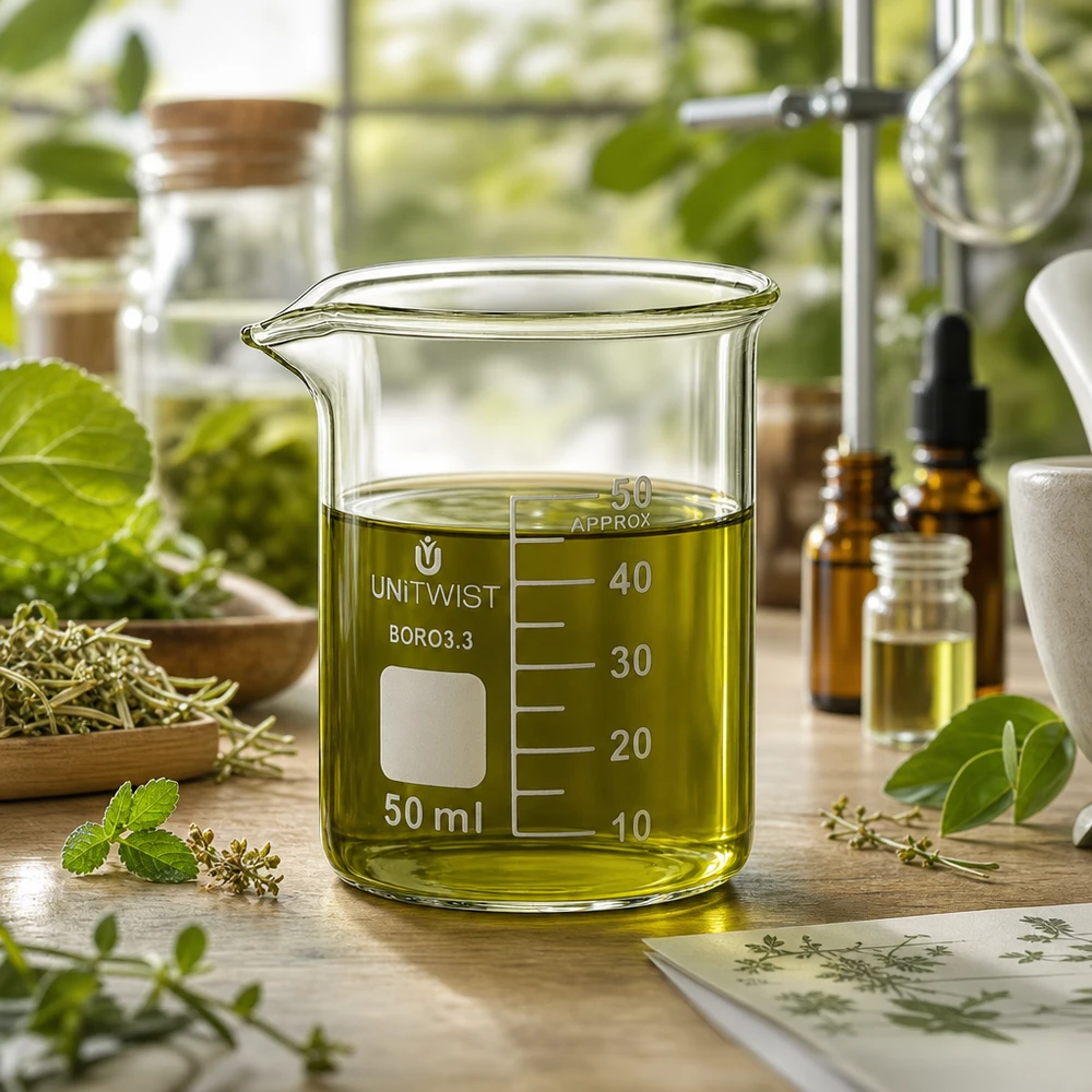 Beker 50ml borosilicaat, lage vorm UNiTWIST Klein bekerglas 50 ml UNiTWIST BORO 3.3 voor natuurgeneeskundige toepassingen met kruidenextract