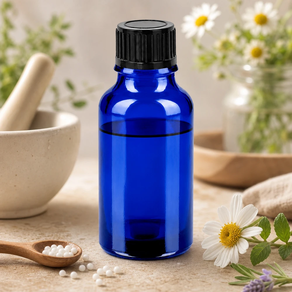 Donkerblauw getint 20ml flesje met 11mm opening beschermt de inhoud tegen schadelijk licht