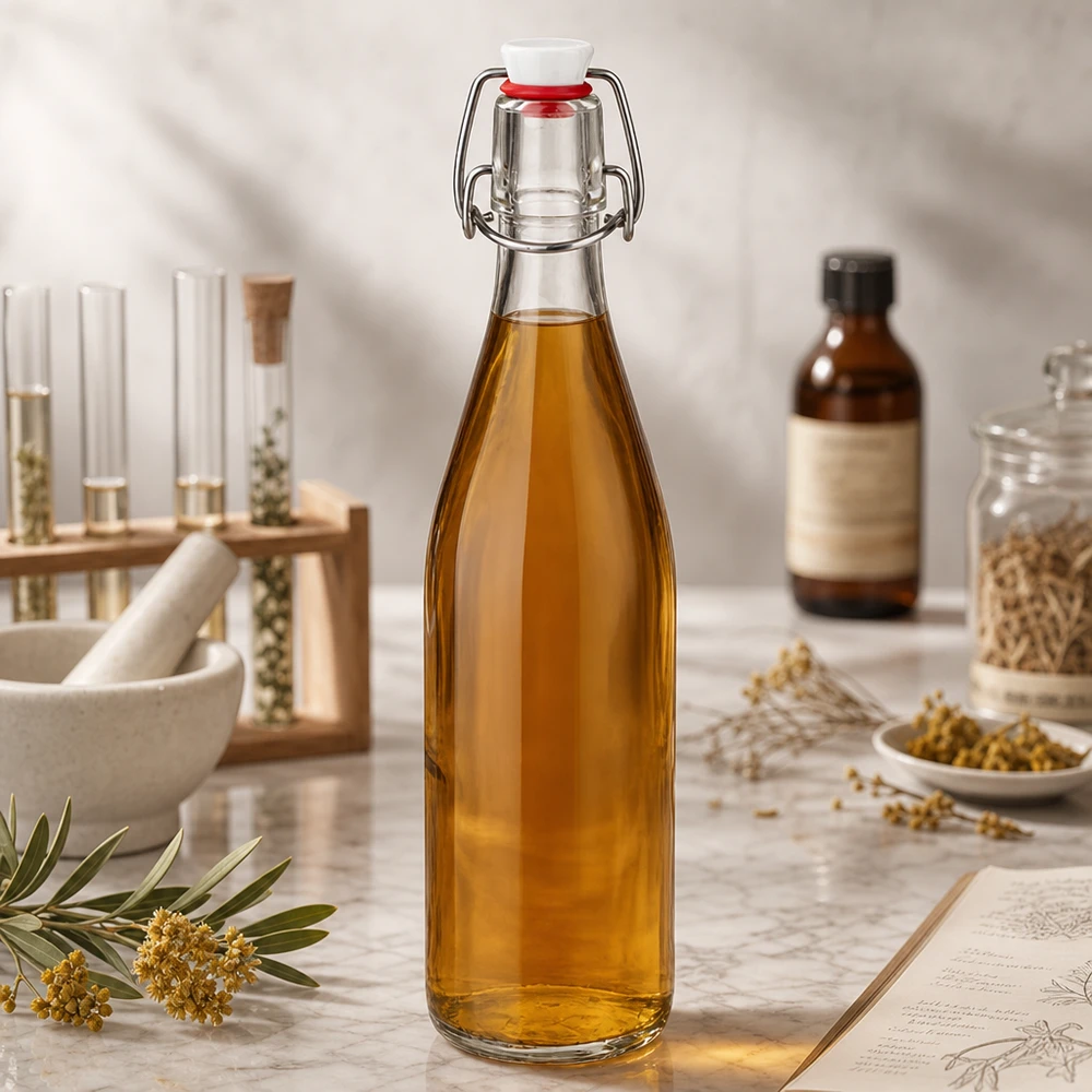 500ml glazen fles met gouden vloeistof in natuurlijk cosmetisch laboratorium naast kruiden en oliën