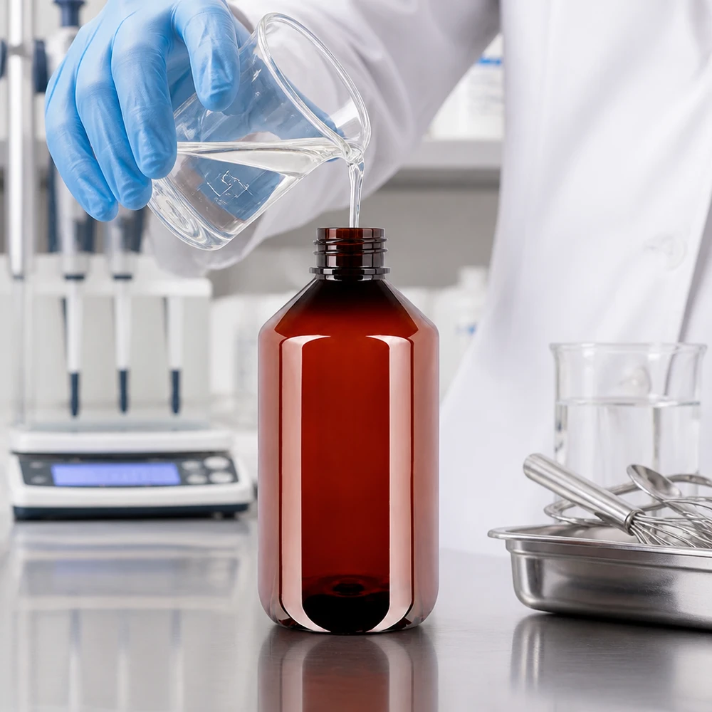 Het vullen van een ronde PET-fles van 500 ml, met op de achtergrond een laboratoriumweegschaal en roestvrijstalen instrumenten
