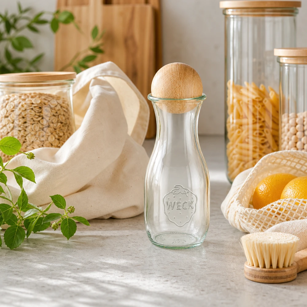 WECK sapfles 530ml met houten bol in duurzame zero-waste keuken naast jute zakken en voorraadpotten