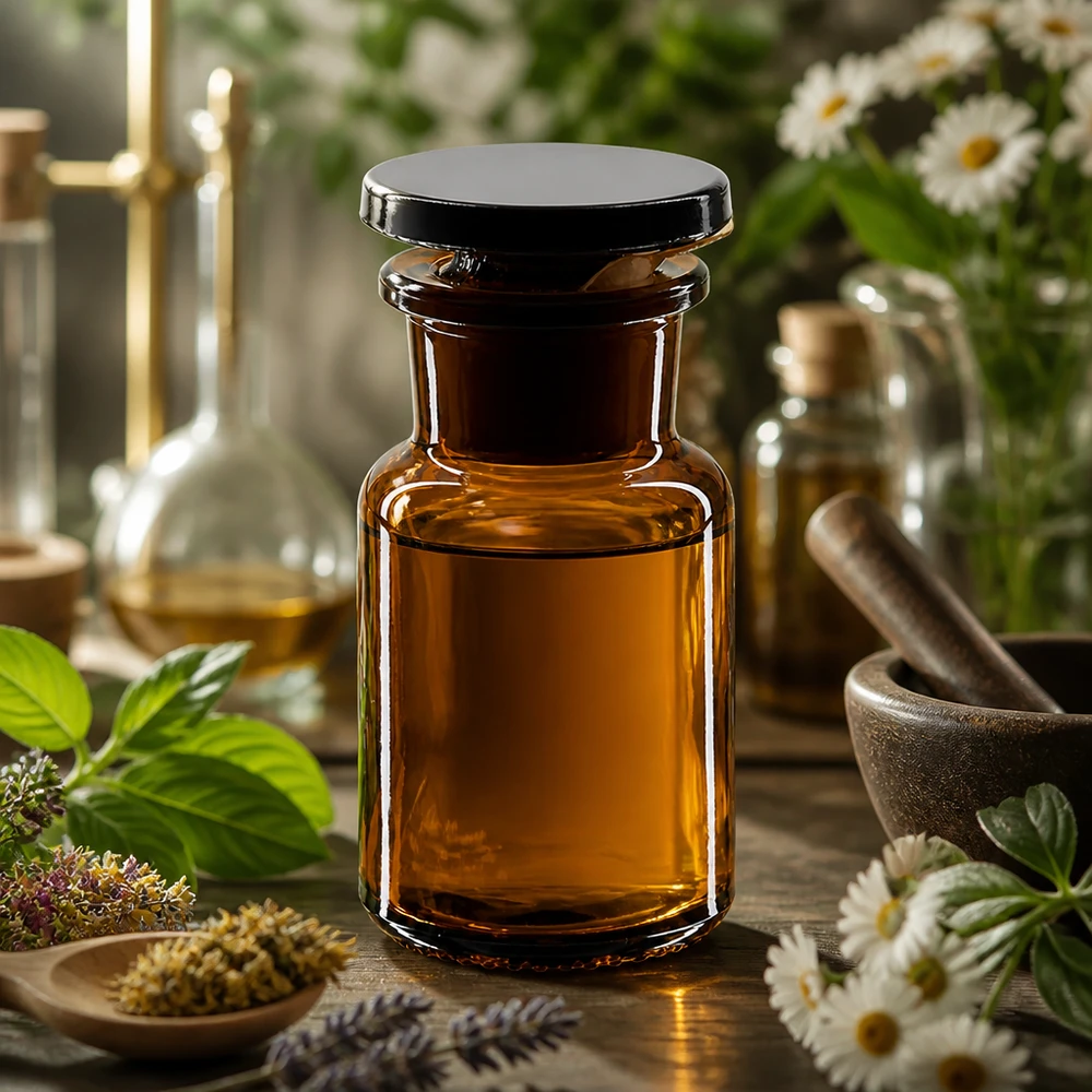 Compacte voorraadfles van 50 ml van bruin glas met brede hals voor oliën, tincturen en extracten