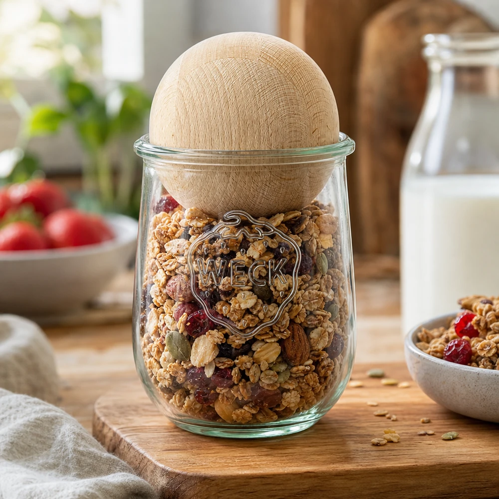 1062ml tulpenglas WECK RR100 met houten bal WECK voorraadpot 1062ml RR100 gevuld met muesli en noten toont praktische keukenopslag met beukenhouten bol