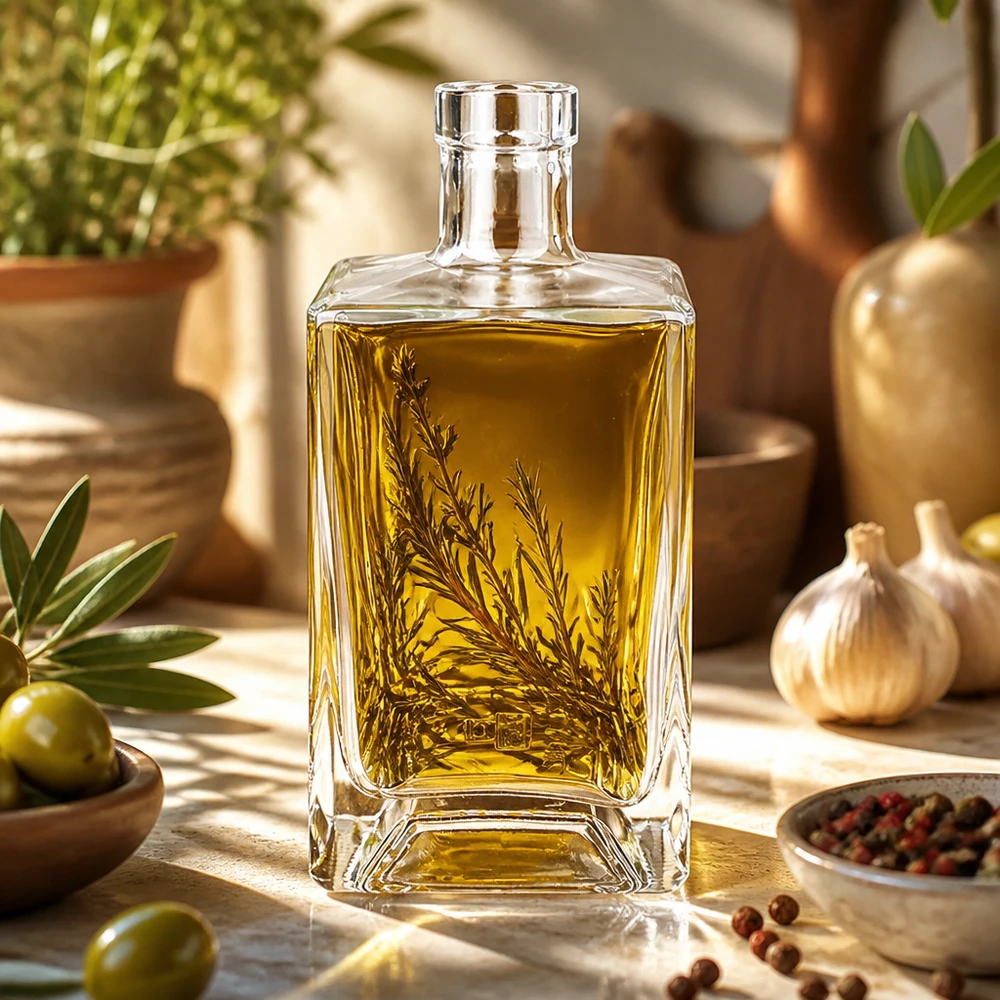 700 ml glazen fles Ben zonder sluiting UNiTWIST® Glazen fles Ben 700ml gevuld met olijfolie en kruiden in de mediterrane keuken als voorbeeld van gebruik