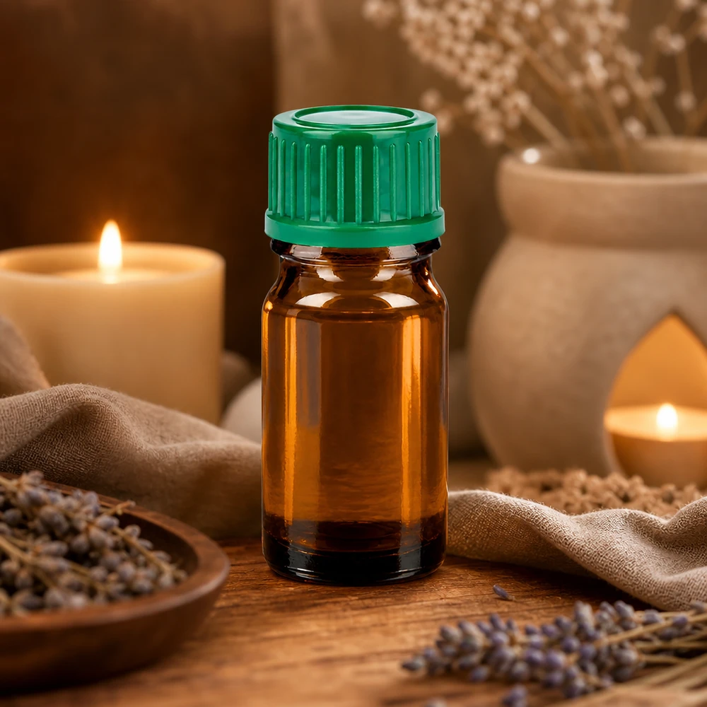 Amberkleurig glazen flesje van 5 ml met UV-bescherming en groene schroefdop voor lichtgevoelige stoffen