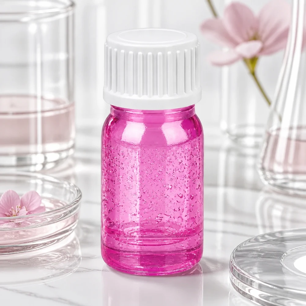 Handig glazen flesje van 5 ml in roze tinten met witte dop, perfect voor reisverpakkingen en proefmonsters