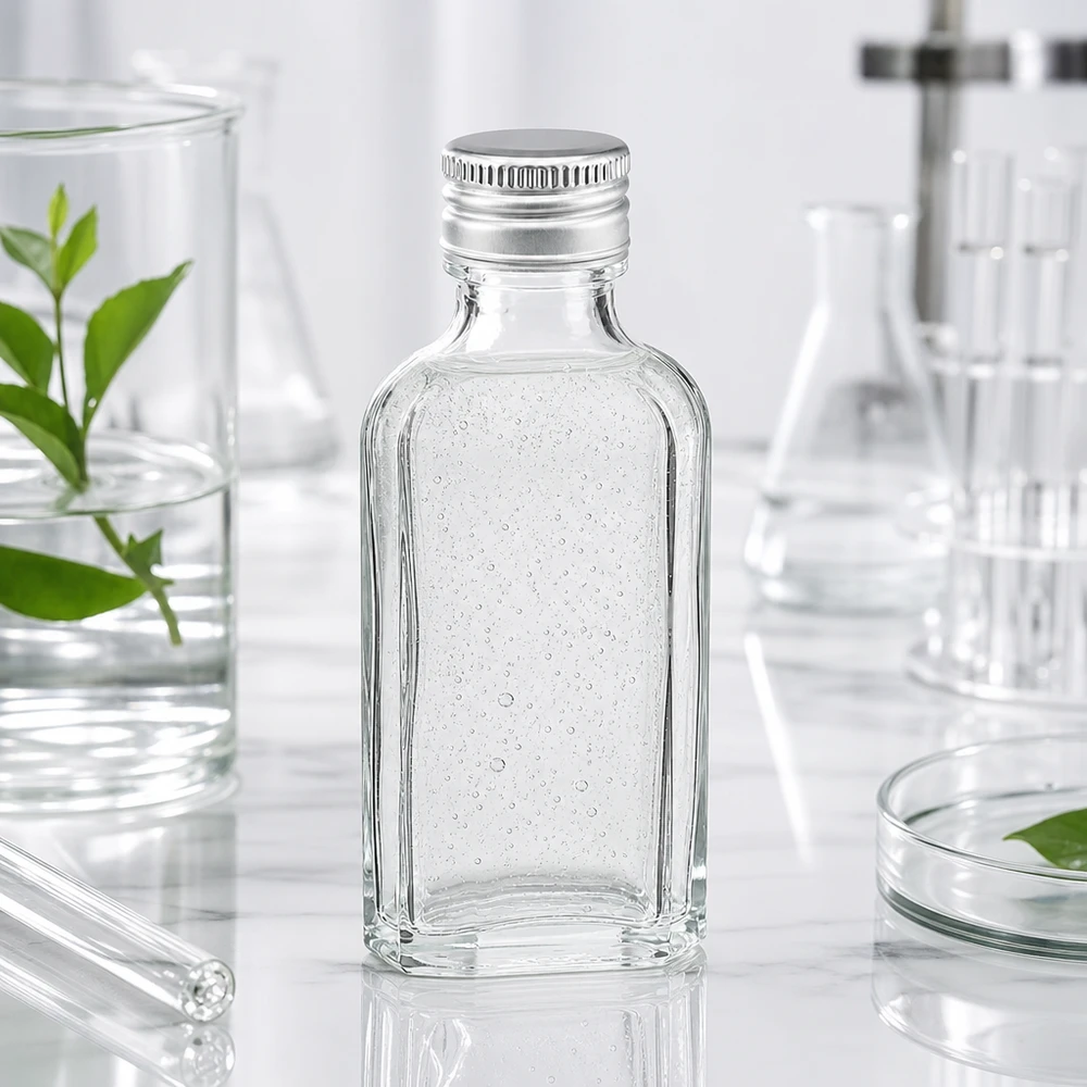 Platte 50 ml-fles van helder glas, model Meplat PP22, met een geribbeld aluminium deksel voor etherische oliën