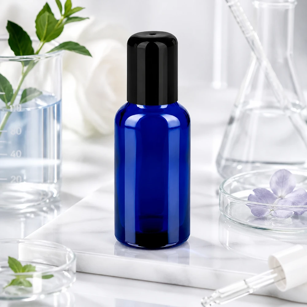 Herbruikbaar 30ml glazen flesje Roll-On STD BlueLine UT18/30 voor duurzame cosmetica