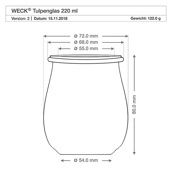 Tulpenpot van 220 ml met vershouddeksel WECK RR60 Technische tekening WECK tulpenpot 220ml RR60 met maten en afmetingen - Productspecificatie inmaakpot