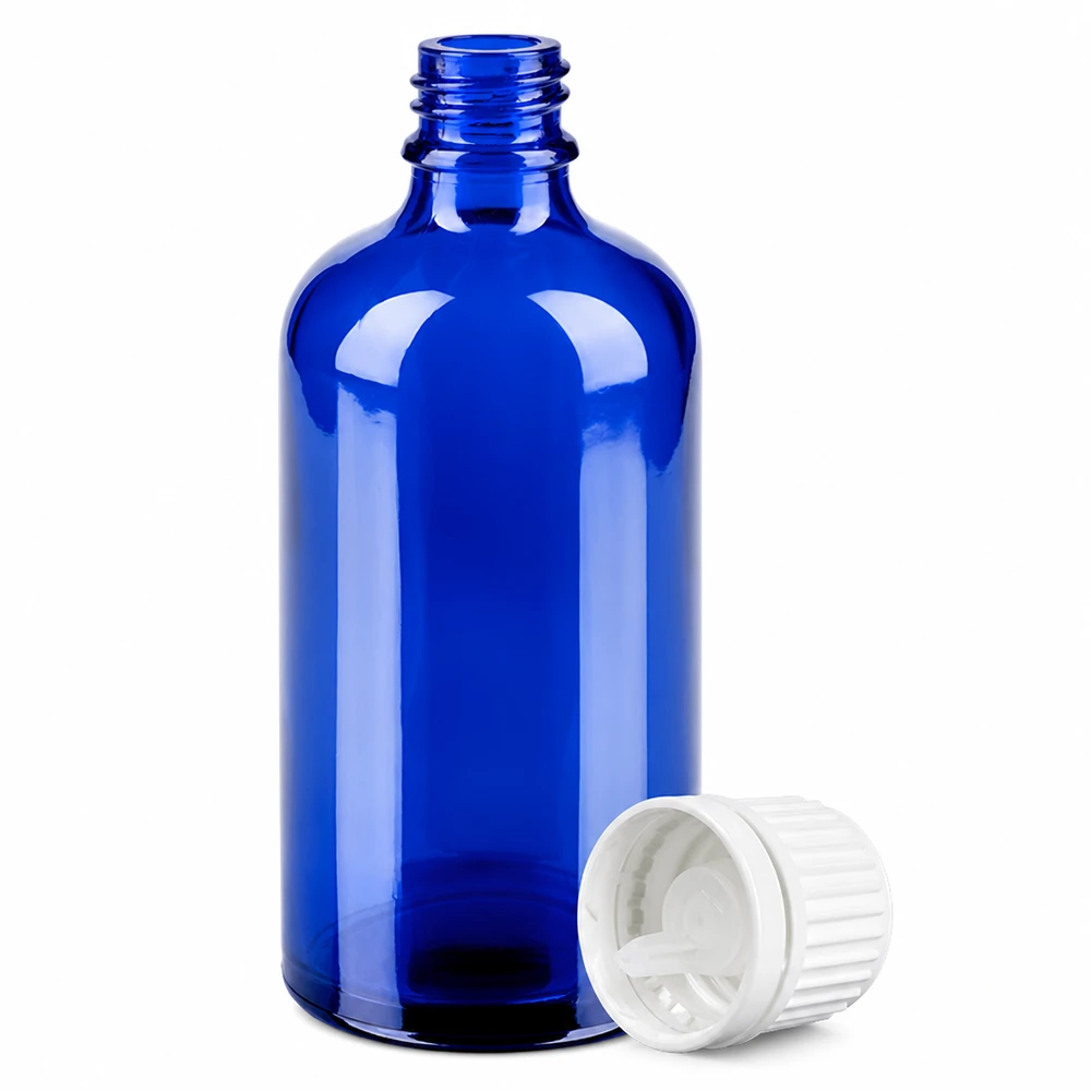 Hoogwaardige blauwe glazen druppelfles 100ml met witte schroefdop voor aromatherapie