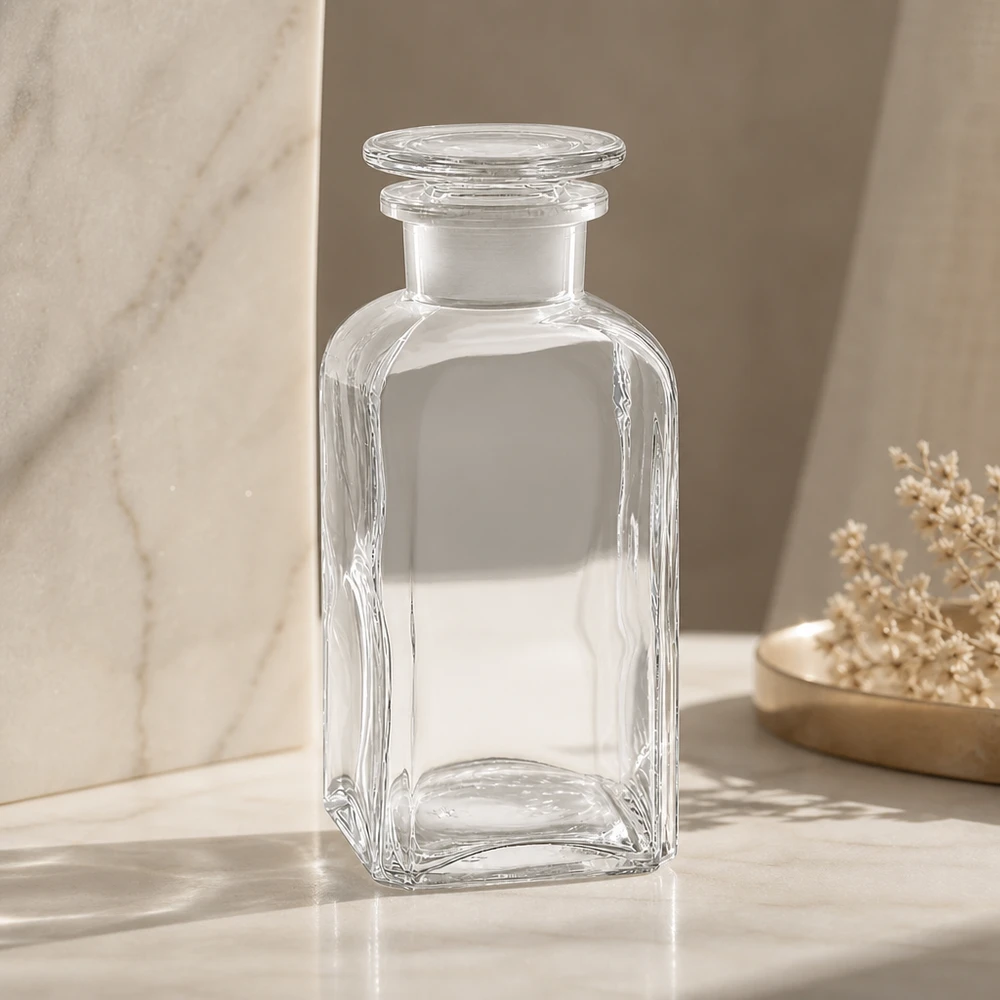 Glazen fles van 350 ml, vierkant, met brede hals en afgeronde hoeken, voorzien van een glazen stop, voor vloeistoffen