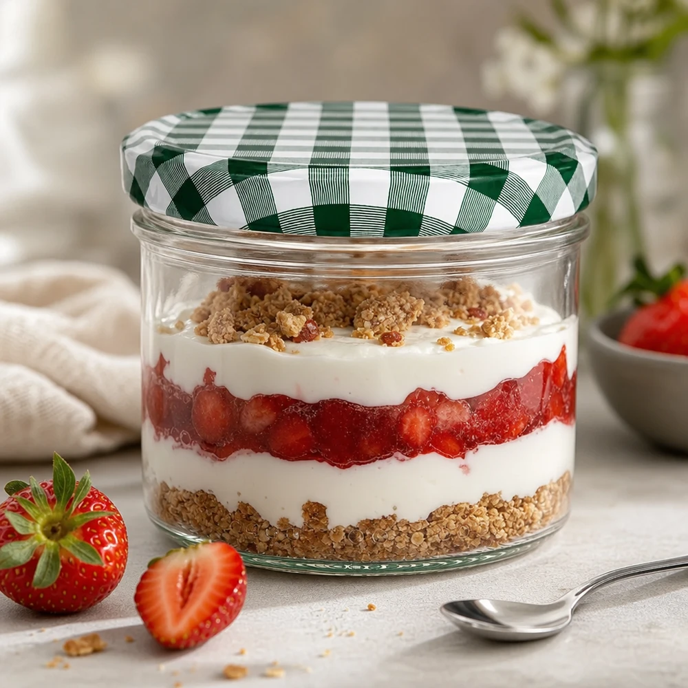 230ml cilindrische pot met BasicSeal deksel groen/wit UNiTWIST 230 ml cilinderglas met aardbeien laagjes dessert en groen en wit geblokt BasicSeal deksel als dessertglas