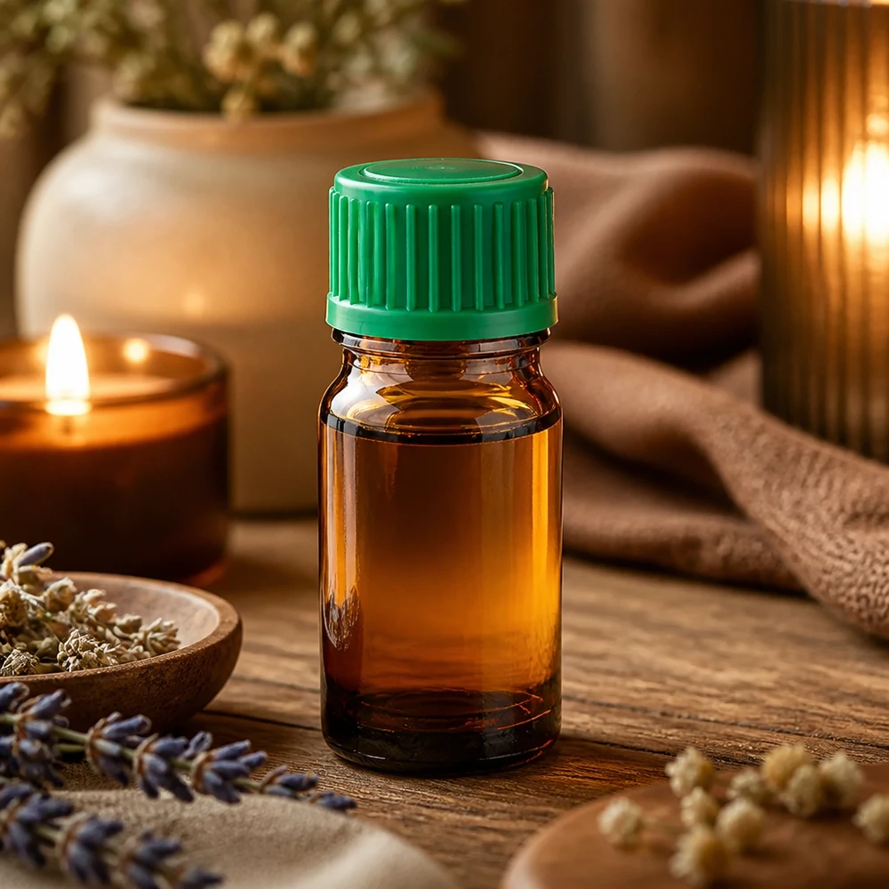 Glazen flesje van 5 ml met UV-bescherming dankzij amberkleurig glas en veilige groene kinderdop