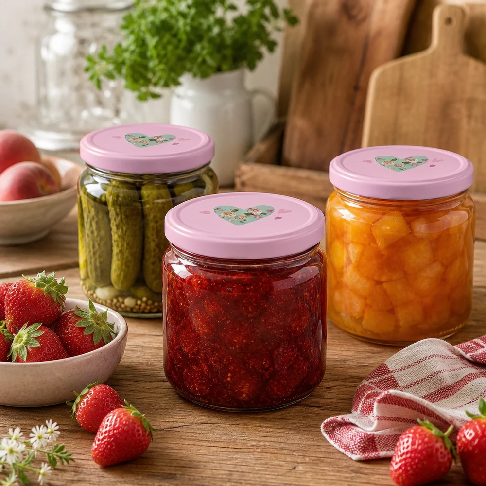 Ronde pot 330 ml + deksel BasicSeal roze hart UNiTWIST Drie ronde potten van 330 ml met roze BasicSeal hartvormige deksels gevuld met augurken, aardbeienjam en abrikozenjam