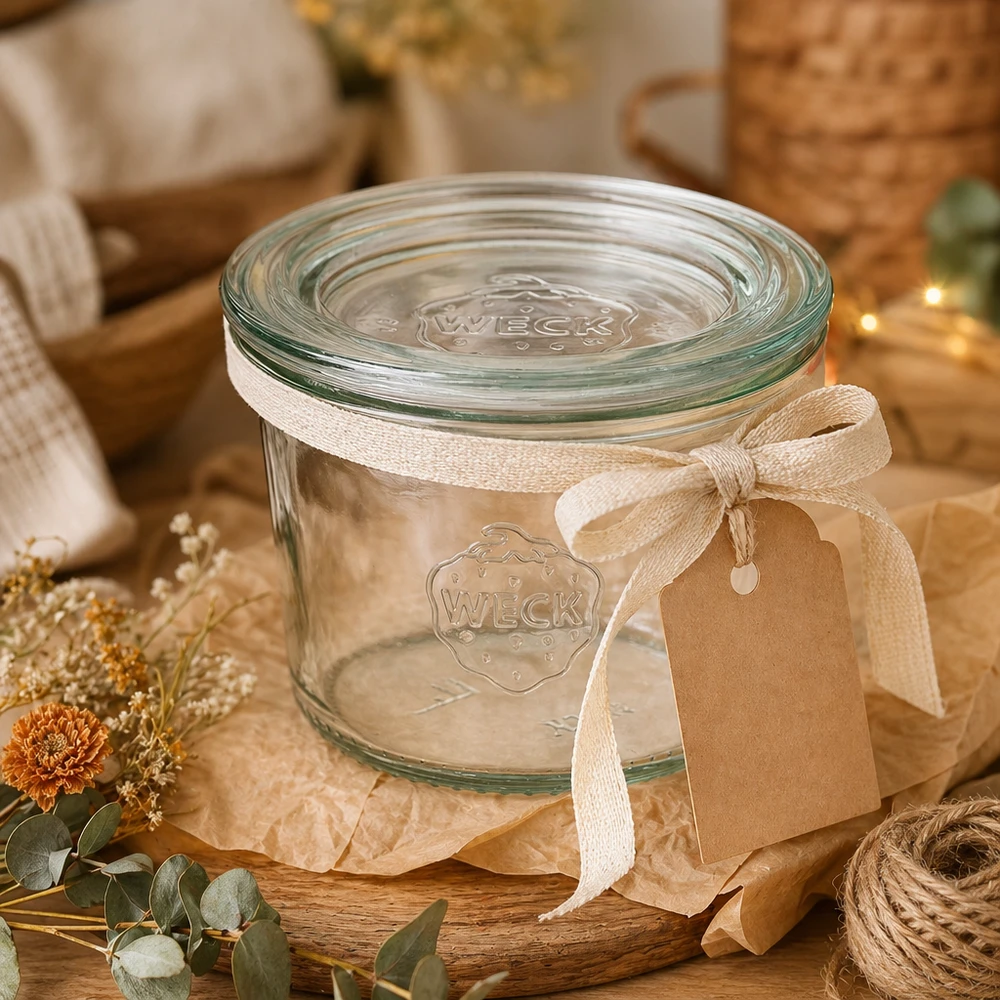 WECK bekers 80ml RR60 decoratief geënsceneerd met cadeaulint hanger en herfstdecoratie op houten tafel