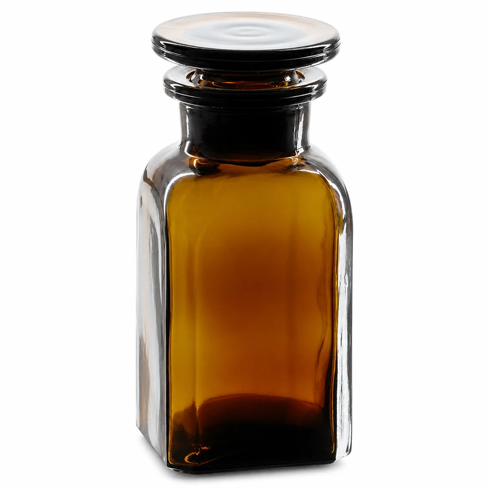 Vierkante fles met wijde hals, bruin, 100 ml, met glazen stop, voor chemicaliën en reagentia
