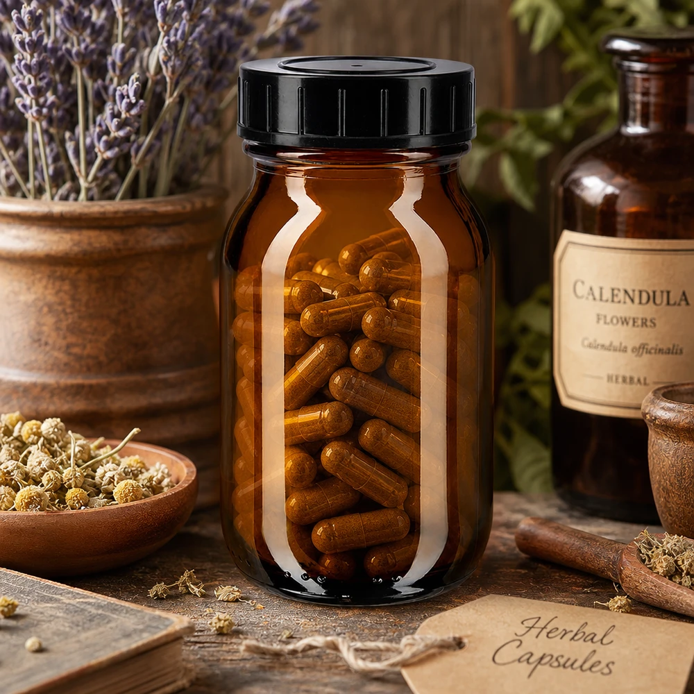 Amberkleurige glazen wijdhalsfles 100ml met praktische schroefdop voor capsules en tabletten