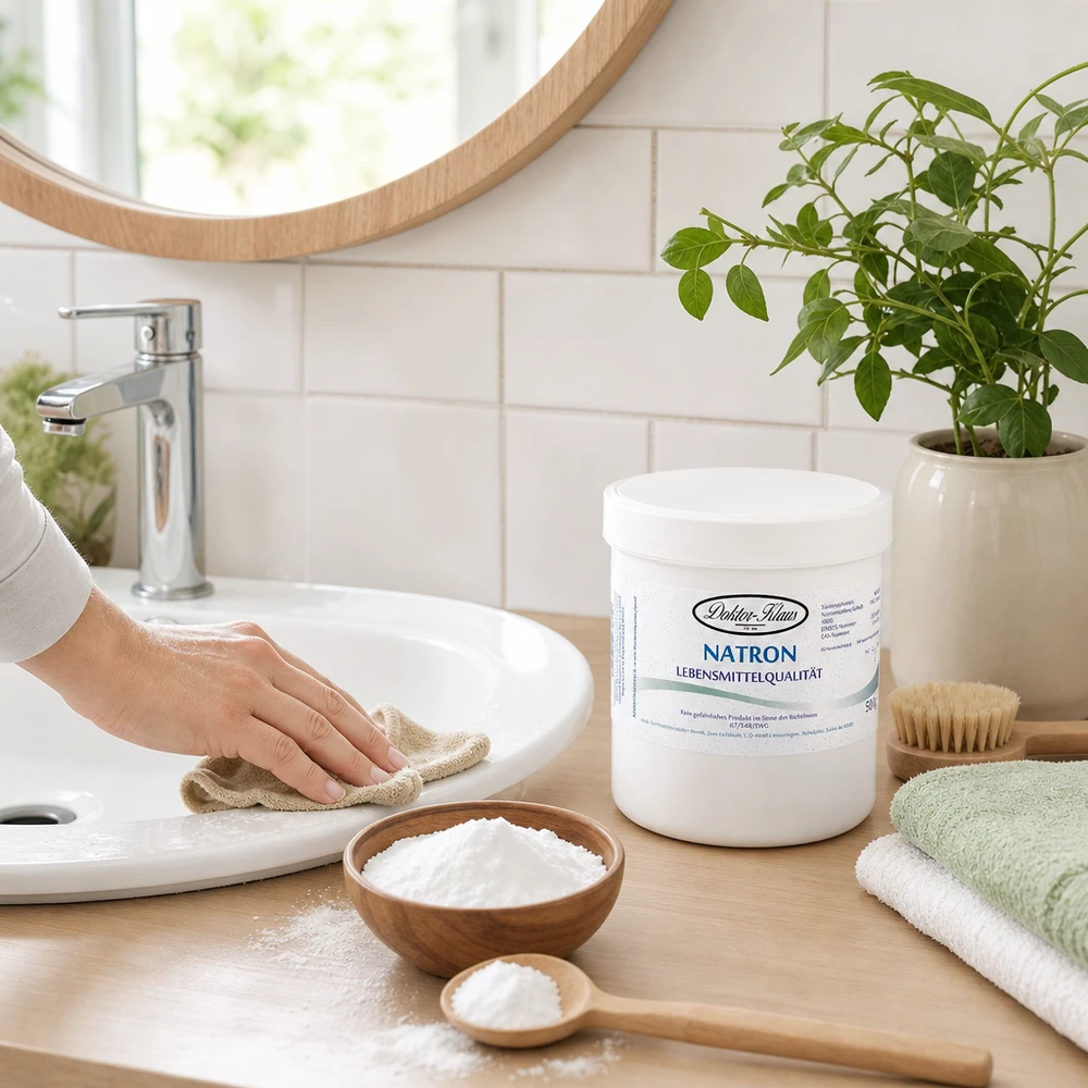 Doktor-Klaus Natron, 500g in witte pot, levensmiddelenkwaliteit Doktor Klaus baking soda 500g blik veelzijdig voor bakken, schoonmaken en persoonlijke hygiëne in de badkamer