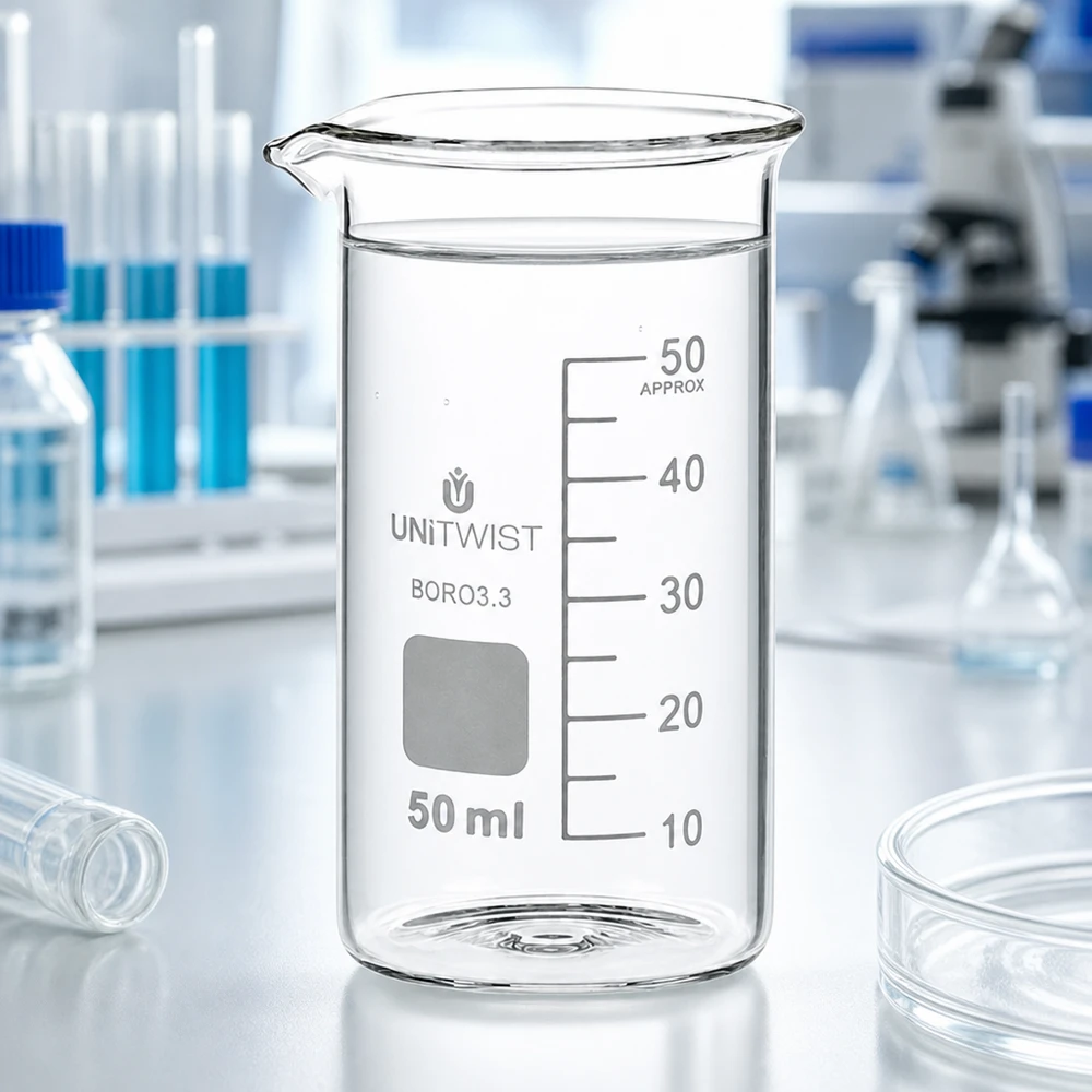 UNITWIST bekerglas 50 ml, hoog model, borosilicaatglas, voor gebruik in een professionele laboratoriumomgeving met microscoop