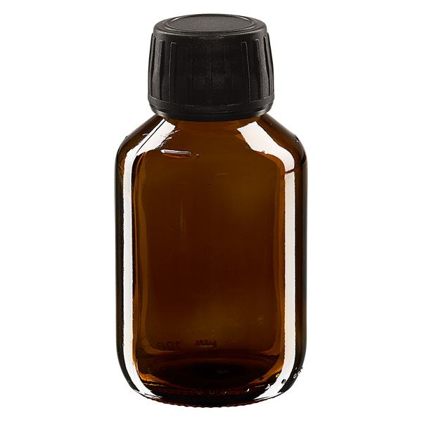 100ml Euro-medicijnfles bruin met zwarte schroefsluiting VR 100ml Euro-medicijnfles bruin met zwarte schroefsluiting VR