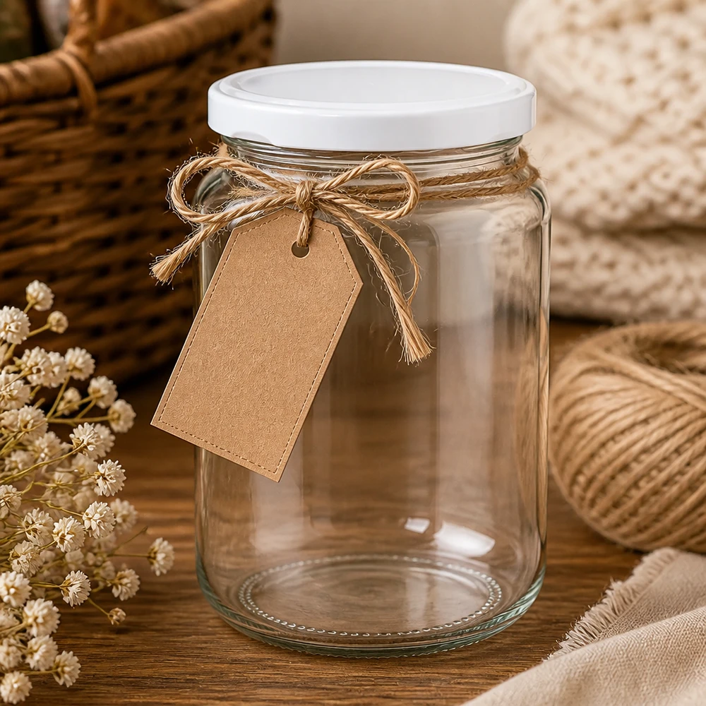 382ml UNiTWIST rond glas leeg gedecoreerd met jute koord en cadeaulabel op houten tafel met gedroogde bloemen