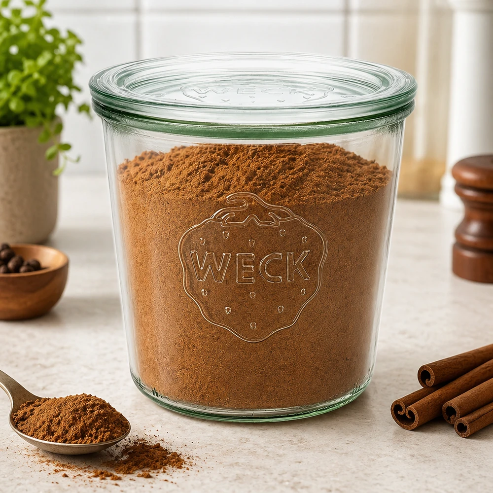 WECK 580ml RR100 glazen pot gevuld met cacaopoeder en kaneel op werkblad voor het bewaren van kruiden