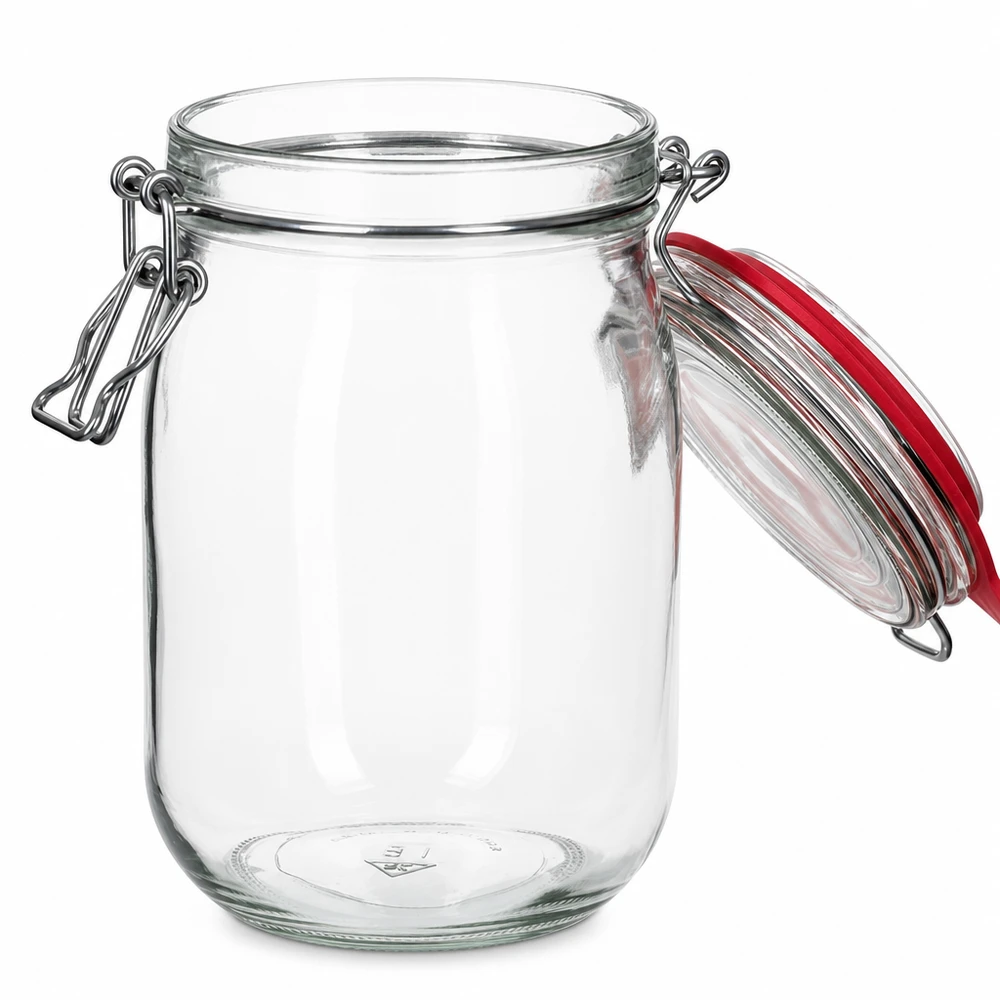 Grote glazen inmaakpot met rode rubberen afdichting en metalen handvat 1140ml
