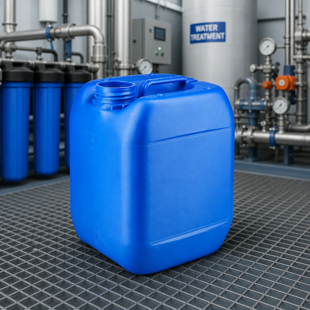 Blauwe jerrycan van 5 liter zonder dop, met brede schroefhals en draaggreep
