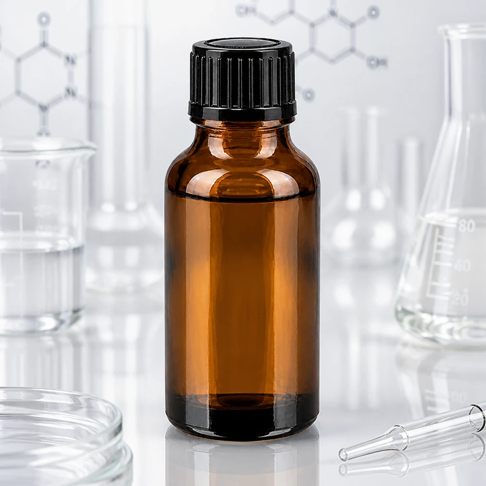 Bruine glazen fles 20ml met zwart druppelsluiting 1mm St Bruin glazen flesje van 20 ml met nauwkeurige druppeldosering van 1 mm, omringd door laboratoriumglaswerk