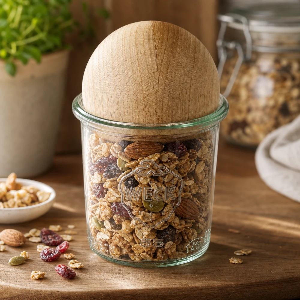 WECK inmaakpot 140ml RR60 gevuld met noten en gedroogd fruit, houten bolsluiting van beukenhout als deksel
