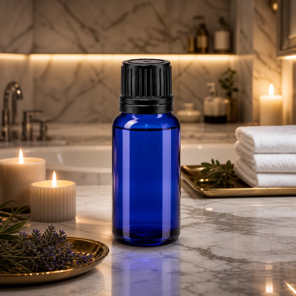 Kleine blauwe glazen flesje van 10 ml met UV-bescherming en een zwarte OV-dop voor natuurgeneeskunde