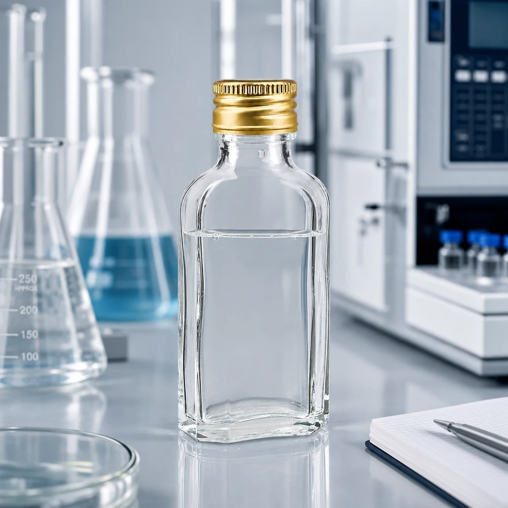 Rechthoekige 50 ml-fles van helder glas, type Meplat, met gouden PP22-schroefdop voor farmaceutische toepassingen