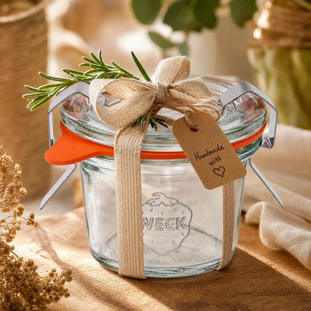 WECK 35ml RR40 bekers als cadeau versierd met rozemarijnlint en handgemaakt label